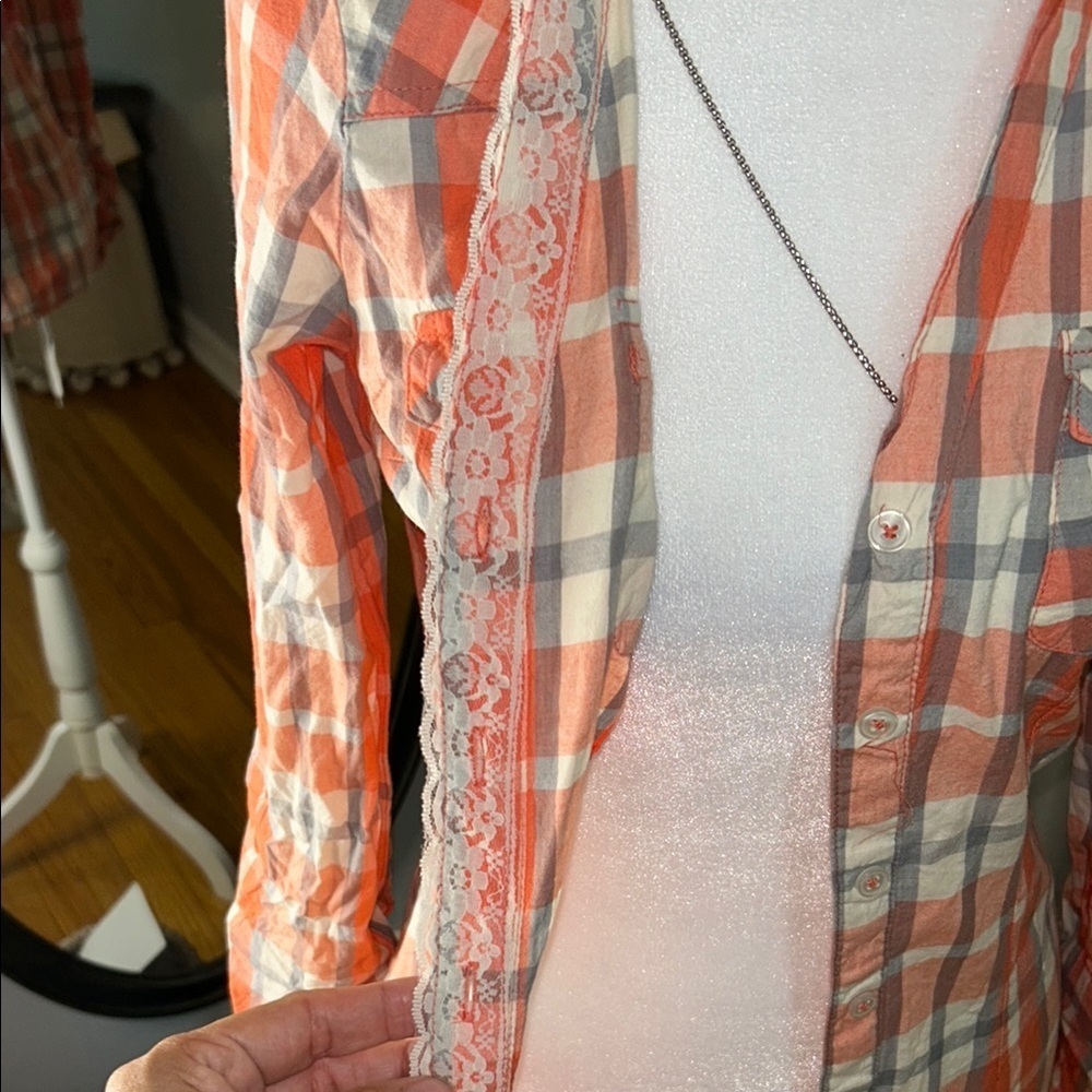 love, Fire Vibrant Orange and Gray Plaid Shirt - Picture 6 of 11